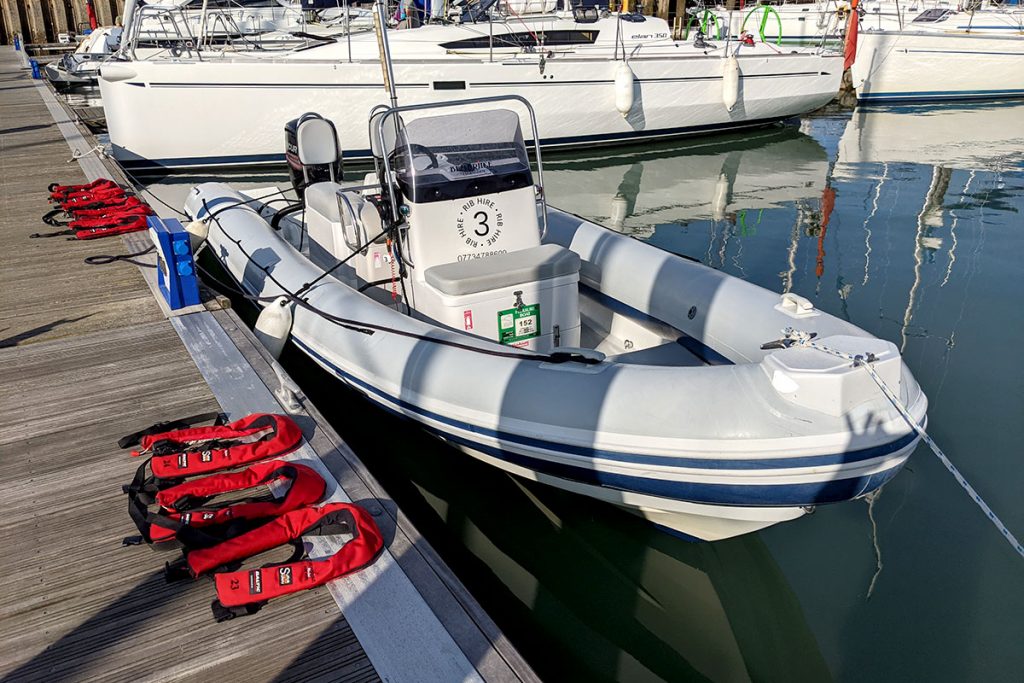 RIB Charter in Cowes with Lifejackets lined up on the pontoon